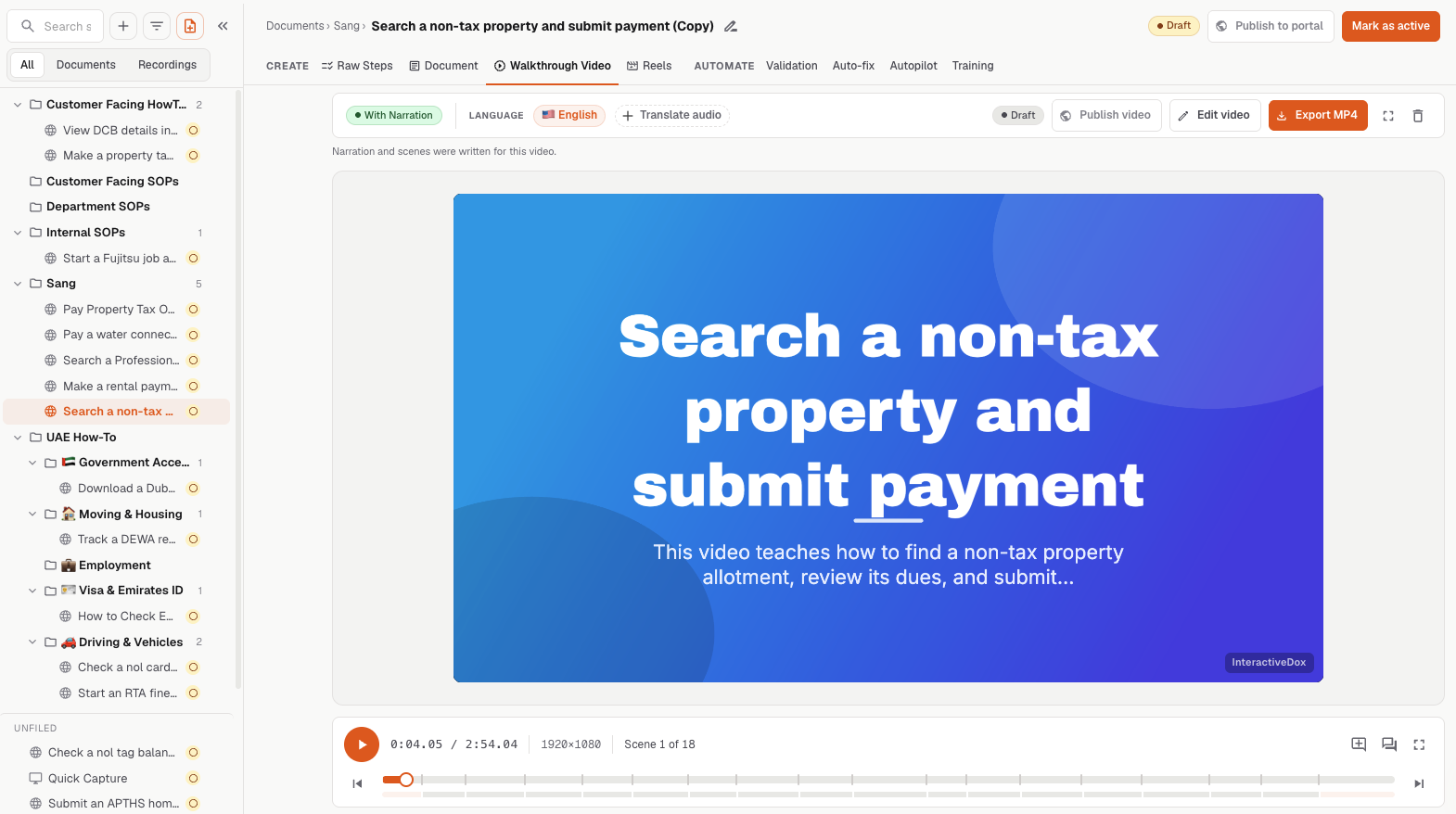 The Walkthrough Video tab for “Search a non-tax property and submit payment”: a narrated video with language selection, translate audio, edit video and export MP4, scene 1 of 18.