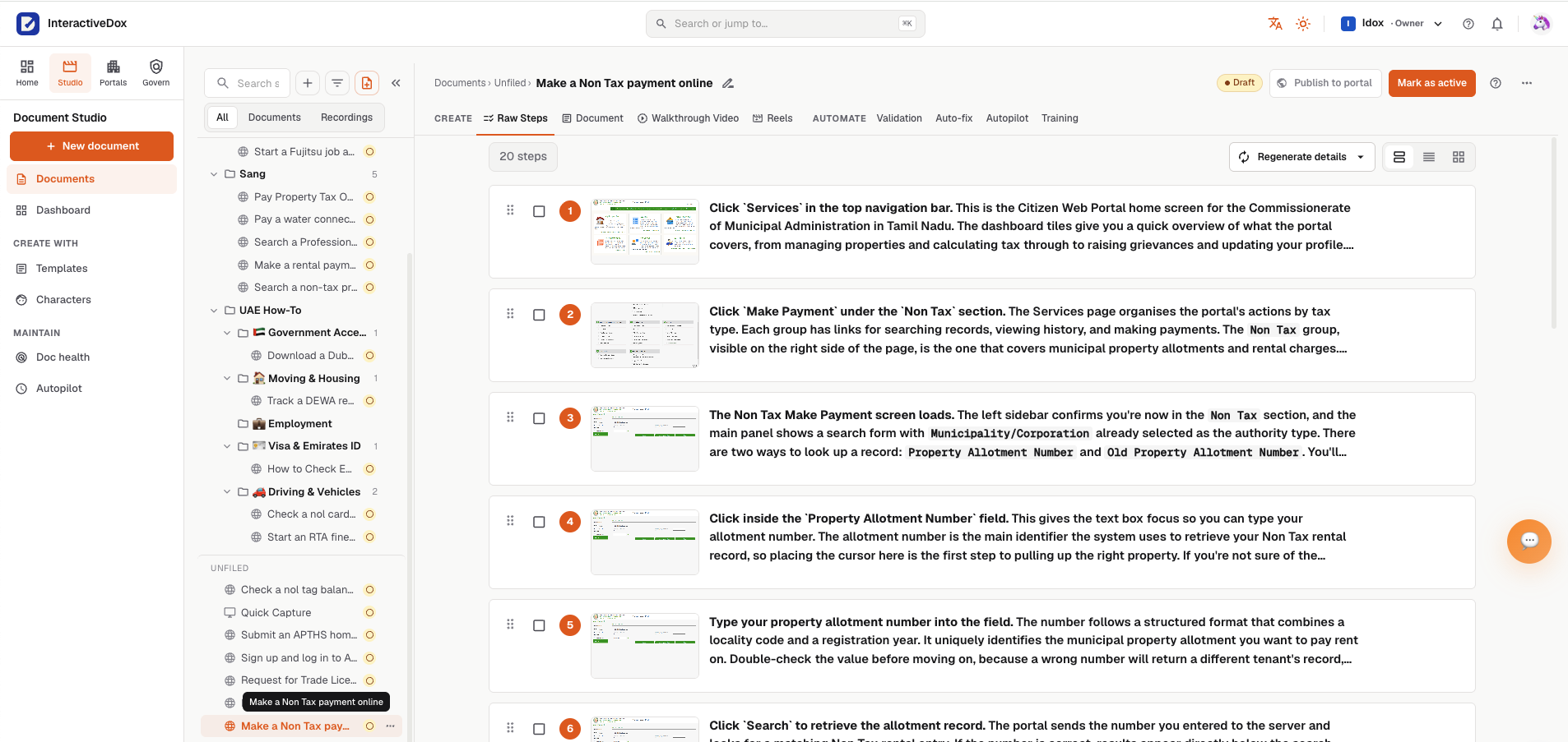 InteractiveDox Document Studio: the Studio navigation and document tree on the left, the document “Make a Non Tax payment online” open with its Raw Steps, Document, Walkthrough Video, Reels, Validation, Auto-fix, Autopilot and Training tabs, and twenty captured steps with screenshots.