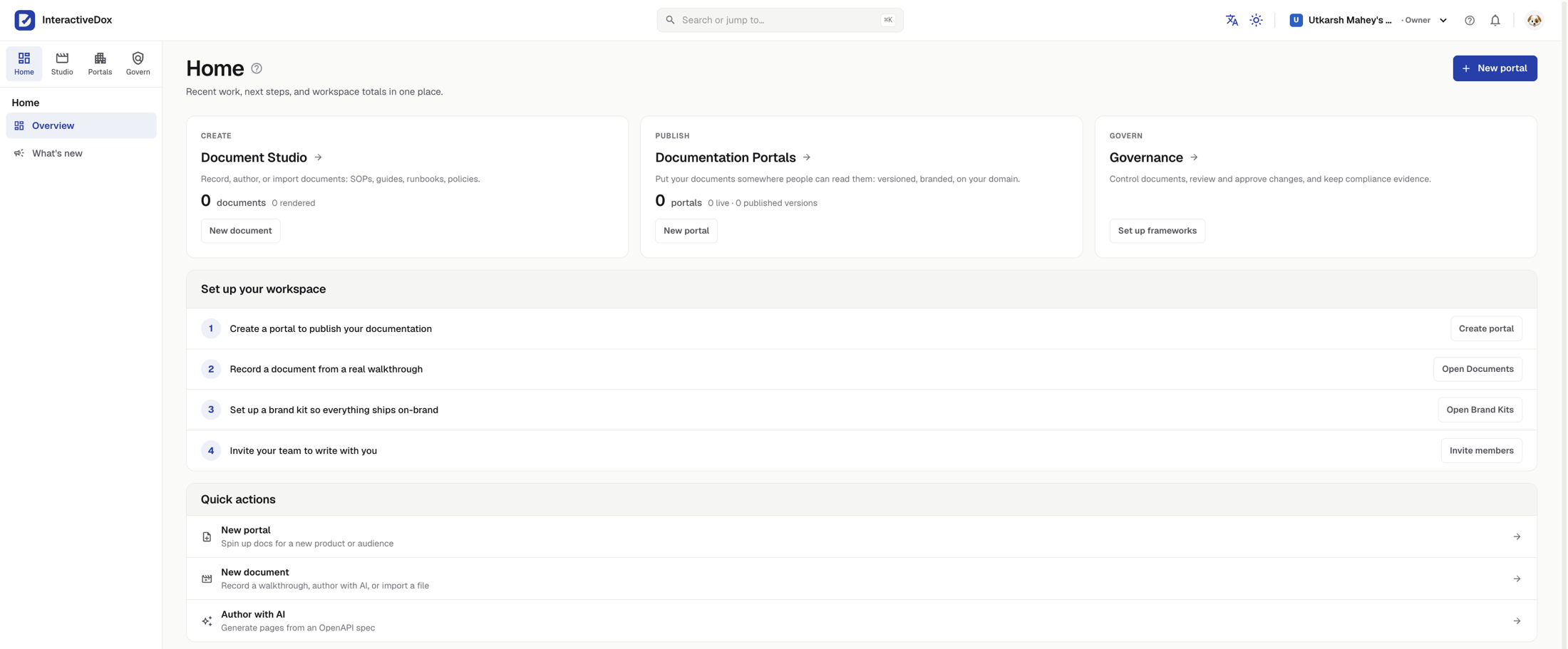 The InteractiveDox Home screen on a new workspace: Document Studio, Documentation Portals, and Governance cards above a four-step workspace setup checklist and quick actions.