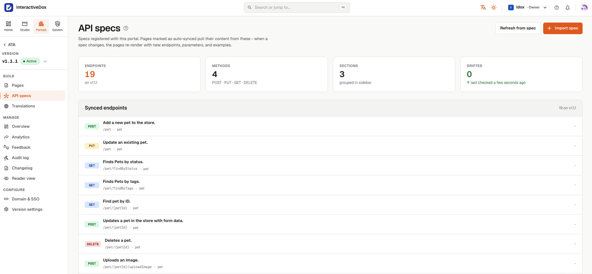 API specs imported into a portal: 19 endpoints synced from an OpenAPI spec, drift checked.