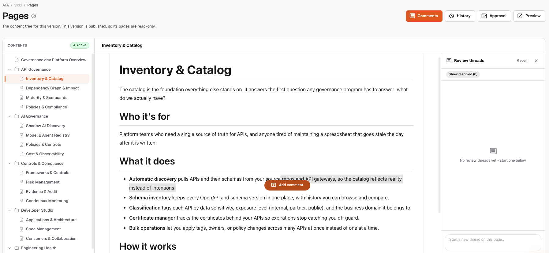 Review threads on the Inventory & Catalog page: a passage selected with an Add comment control and the review-threads panel open on the right.