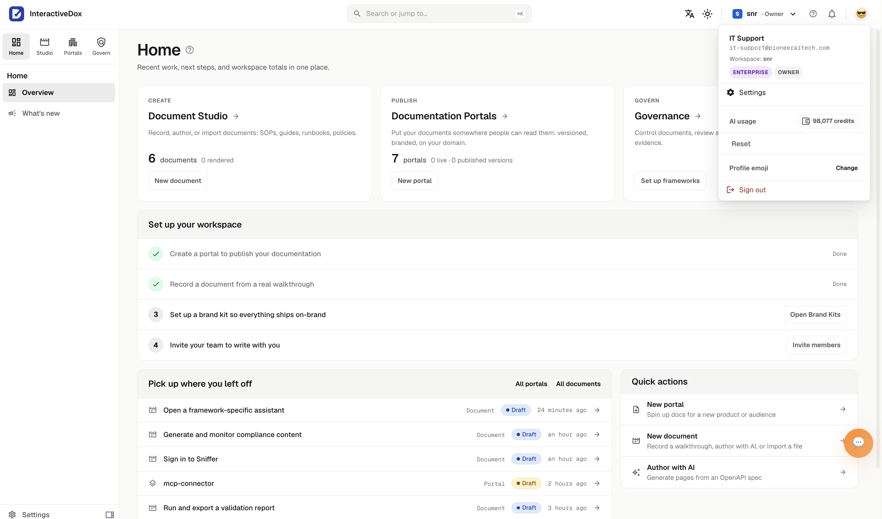 The InteractiveDox workspace home: recent work, next steps and workspace totals, with Create, Publish and Govern columns linking to Document Studio, Documentation Portals and Governance, plus document, portal and AI credit counts.